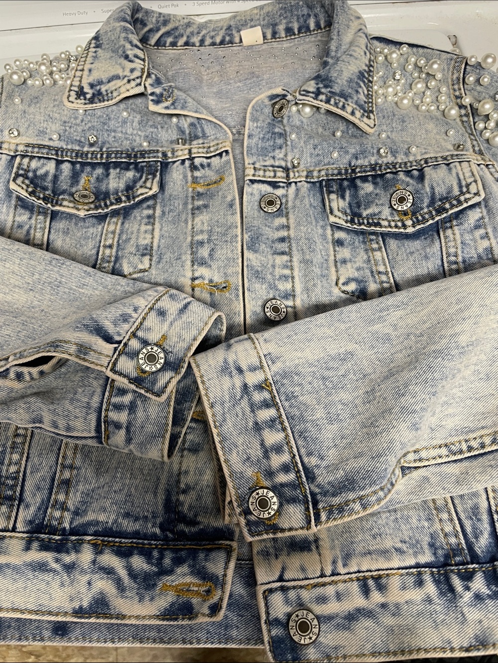 GUC Pearl-Embellished Light Wash Denim Jacket, size S